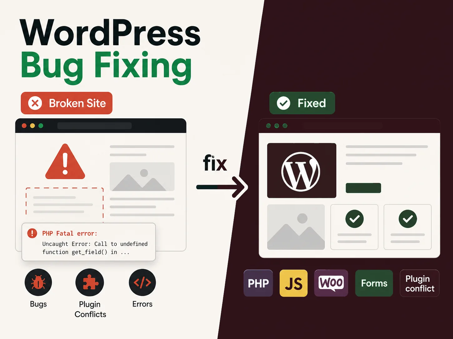 WordPress bug fixing before and after visual showing a broken site becoming a fixed WordPress site