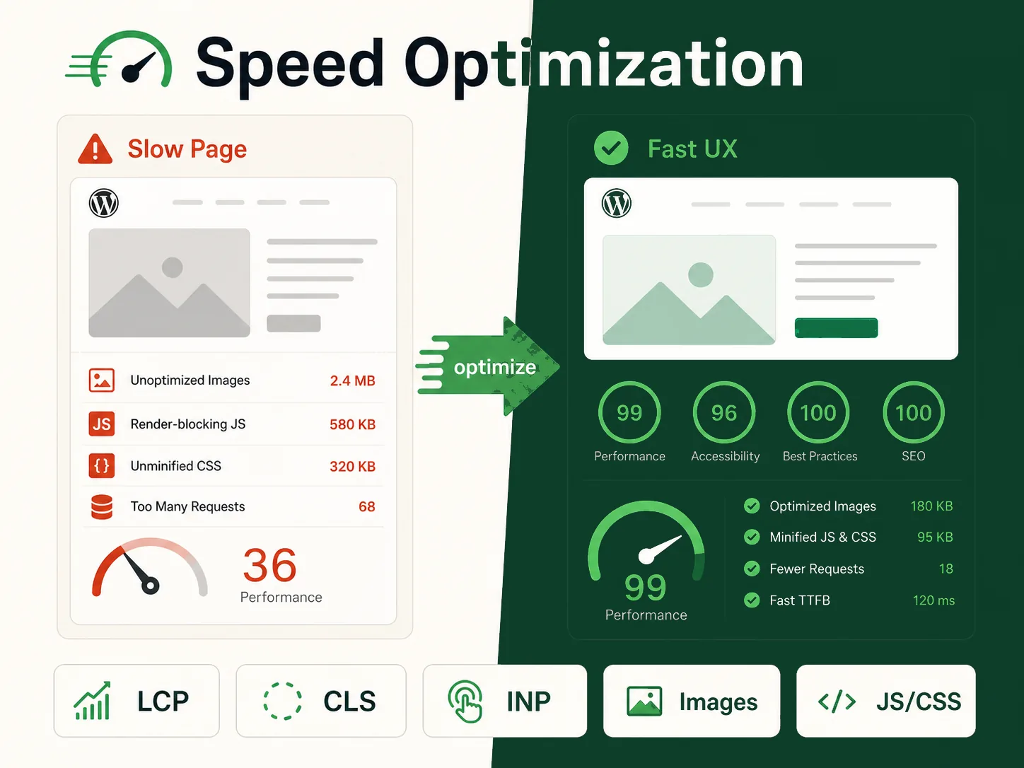 WordPress speed optimization before and after visual showing a slow page becoming a fast user experience